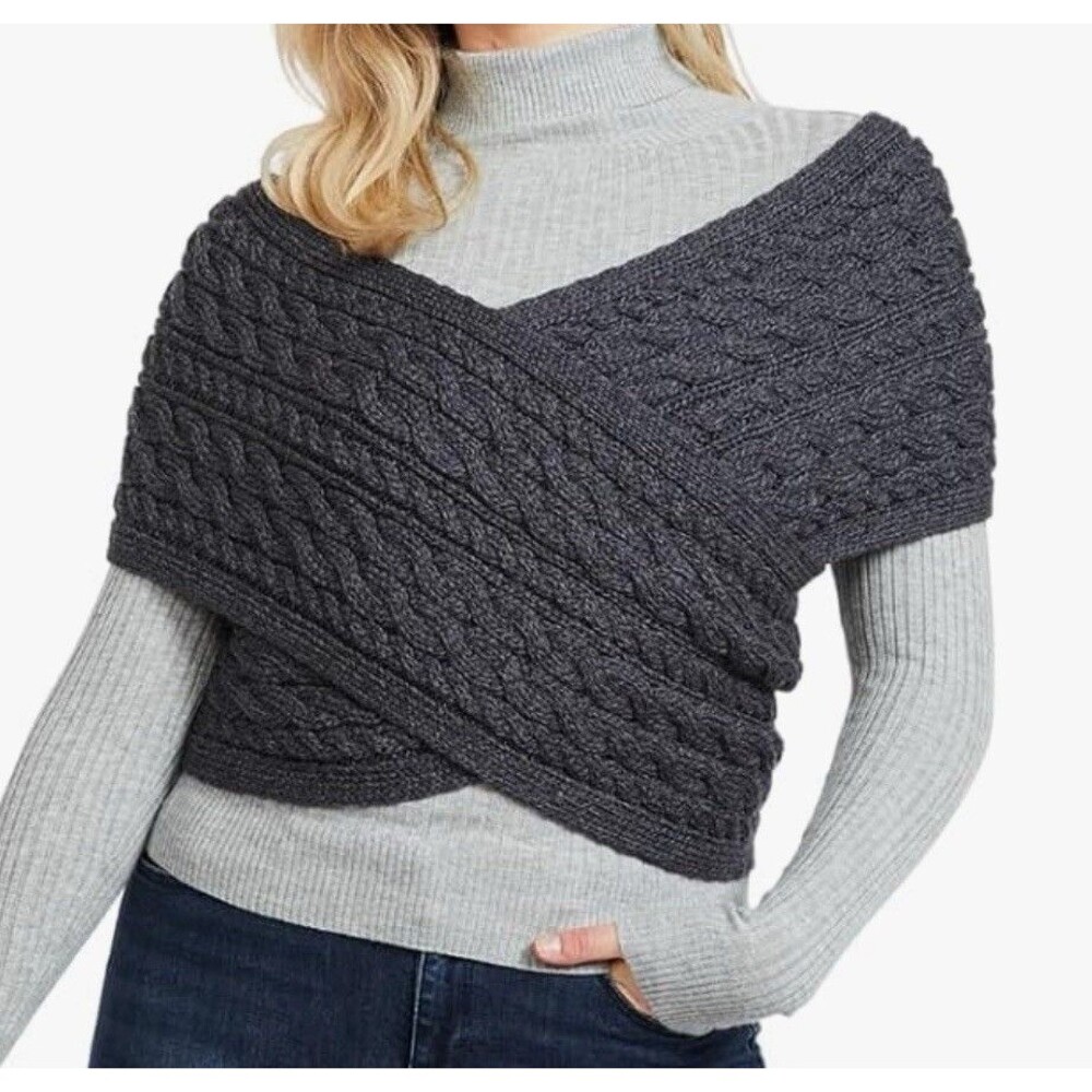 Aran Sweater Market Gray Merino Wool Cable Crossover Wrap with Buttons X-SM NWT